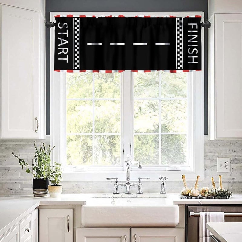 YSWOW Teens Racing Valance Curtain Black White Grid Race Car Track Art Printed Window Drapes for Teens Kids Bedroom Decor W54xL18in Fabric 1 Panel - Image 5
